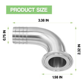 Goldpea Stainless Steel 304 Sanitary Hose Fitting Single Barb 90 Degree Elbow 3/4" Barbed with 1.5" Tri-clamp (50.5mm OD Ferrule) & 1pc SS304 Hose Clamp