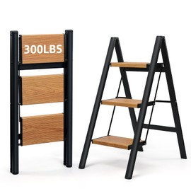 SOLADDER 3 Step Stool, Anti-Slip and Lightweight Foldable Step Ladder for Adults & Kids to Use in Kitchen,Closet and Library,300lbs(Black+Woodgrain)