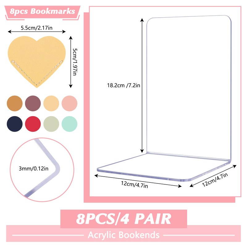 YRYUNRUI 8PCS Acrylic Bookends and 8PCS Heart Leather Bookmarks, Clear