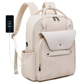 LELLIE Travel Laptop Backpack for Women Teacher Backpack, 15.6 Inch Notebook Bag with USB Charging Port, Slim Business Bag (Beige)
