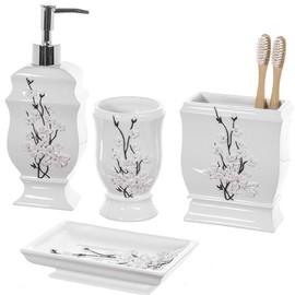 Creative Scents 4 Piece Bathroom Accessories Set - Includes Decorative Soap Dish and Dispenser, Toothbrush Holder, and Tumbler Cup - Vanda Floral Style