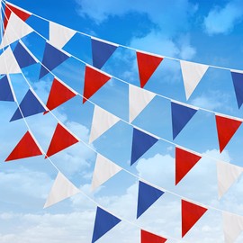 DOJoykey 132ft Red Blue White Bunting Banner, Reusable Nylon Fabric Bunting 104pcs Triangle Flags for Mother‘s Day Birthday Wedding Home Outdoor Garden Party Decoration