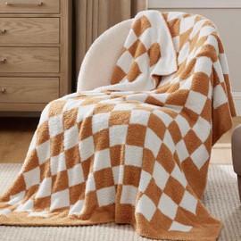 Bedsure Super Soft Knit Throw Blanket - Warm Cozy Reversible Checkerboard Camel Blanket, Fluffy Fuzzy Plush Lightweight Print Blanket for Couch Sofa Bed (50" x 60")