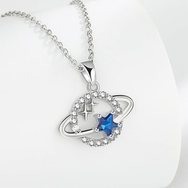 TREE NEST Collar con Colgante de Planeta para Mujer, Collar Clavícula Estrella Azul de Ensueño, Collares con Colgante de Ajustable, Joyería de Alta Gama de Moda, Collares de Cristal Joyería para Mujeres, Regalos de Joyería de Boda de Aniversario, Plata