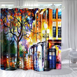 LYFANS Bright Fabric Shower Curtain, Oil Painting Street Theme Design Art Shower Curtain, Bathroom Decor Set, 12 Shower Curtain Hooks (72 "Wx72 L) Inch Waterproof Shower Curtain.