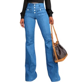 GOLDPKF Stretch Flare Jeans for Women High Waisted Bell Bottom Jean Tummy Control Button Fly Denim Pants Bootcut Leg Trouser Sky Blue XL