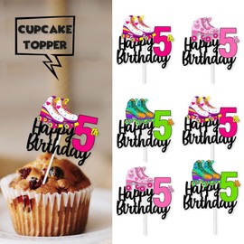 18pcs Colorful Glitter Roller Skates Dessert Cupcake Topper 80s 90s Retro Hip Hop Roller Skating Theme Decor Supplies Boys Girls 5th Happy Birthday Party Decorations