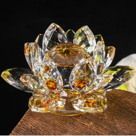 Sparkle Crystal Lotus Flower - 4'' Hue Reflection Clear Crystal Lotus for Feng Shui Home Decor Sun Catcher Ornaments or Paper Weight with Gift Box (100MM) Transparent Golden