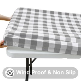 Smiry Rectangle Picnic Table Cloth, Elastic Waterproof Fitted Vinyl Tablecloth for 4 FT Tables, Flannel Backed Buffalo Plaid Table Covers for Dining, Camping, Outdoor (White and Grey, 30" x 48")