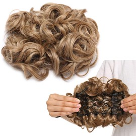 Short Messy Curly Dish Hair Bun Extension Easy Stretch hair Combs Clip in Ponytail Extension Scrunchie Chignon Tray Ponytail Hairpieces Light Brown Blonde Highlight