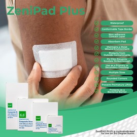 ZeniPad Plus (4" x 4") Multi-Layer Composite Wound Dressing with Adhesive Fabric Tape Border - Sterile, Latex-Free, Waterproof Dressing for Wounds, 10/Box