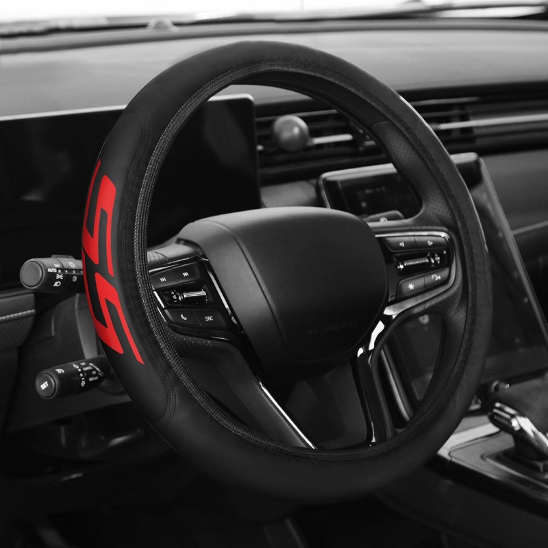 Premium Leather Steering Wheel Cover Compatible with Chevy Camaro SS,
