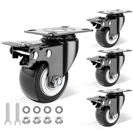 2 Inch Caster Wheels Set of 4, Heavy Duty Casters with Brake, No Noise Locking Swivel Casters with Polyurethane (PU) Wheels, Caster Wheel for Cart, Furniture and Workbench (Two Hardware Include)