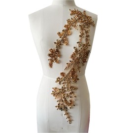 Handmade Shining Acrylic Rhinestones on lace Applique Sewing Beads Stones Trim Patches Accessories for Wedding Dress (Champagne)