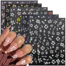 6Sheets Hibiscus Flower Nail Stickers White Pink Nail Decals Elegant Floral Petal Wavy Line Strip Tropical Leaf Designs French Tip Sticker for Women Nail Supplies Spring Nail Decorations Accessories