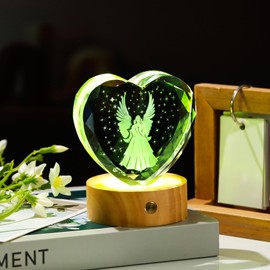 3D Guardian Angel Figurines Crystal Heart with Wooden Light Base, Glass Praying Angel Memorial Gift for Friends Women Collectible Night Light Home Decor