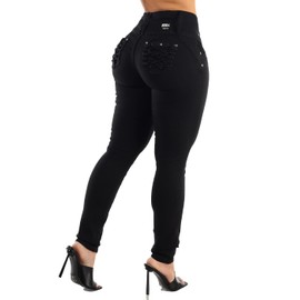 Moda Xpress Women Juniors Black Mid Rise Butt Lift Braided Pocket Skinny Jeans 10545N