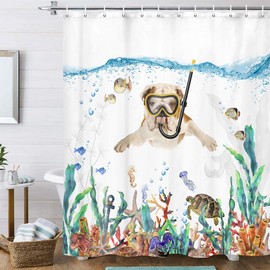 Funny Bulldog Dog Fabric Shower Curtain, Tropical Fish Coral Octopus Starfish Turtle Anchor Nautical Shower Curtain for Bathroom, Cute Bulldog Dog Diving Bathroom Curtain with Hooks 69 x 70 Inch