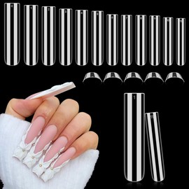 Luckyfairy Tapered Square Nail Tips, XXL 240Pcs 12 Sizes Full Cover Fake Nails Extra Long Straight Nail Tips No C Curve Gel Nails Clear Gel Nails Tips Nail Extension for DIY Nail Art