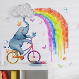 WOHAHA Wall Sticker for Children, Room, Rainbow, Bicycle Baby Elephant, Stylish, Cute Wall Sticker, Butterfly, Bubble, Wallpaper, Children's Toy Room, Kindergarten, Nursery, Rainbow, Wall Deco,