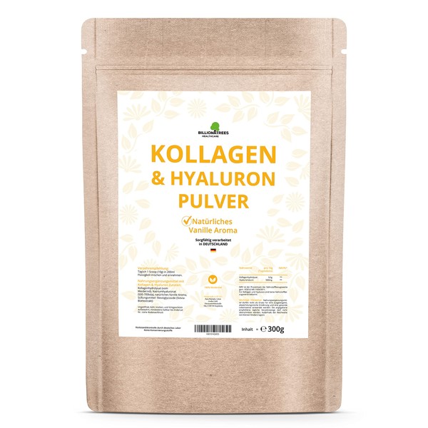Collagen with hyaluronic acid as a powder, natural vanilla aroma, 300 g, 9.5 g, collagen 500 mg hyaluronic per daily dose, laboratory tested and processed in Germany