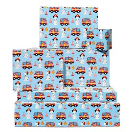 Fire Brigade Wrapping Paper - 6 Sheets Blue Gift Wrap with Tags - Fire Engines and Dogs - Boys Birthday Wrapping Paper - With Stickers - By Central 23