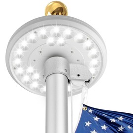Flag Pole Light Solar powered Flagpole – 60 LED Top Mount Flag Light with 420 Lumens – 2500mAh Rechargeable Battery – Waterproof Outdoor Lighting for Flagpoles – Easy Install, White Finish + Hooks