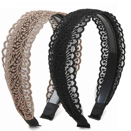 She's Shining Pack of 2 Elegant Lace Headbands Women Girls Vintage Wide Flowers Lace Headwrap (Black, Brown)