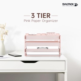 DALTACK 3 Tier Letter Tray Paper Organizer Mesh Metal Desk File Organizer for Home & Office, Pink