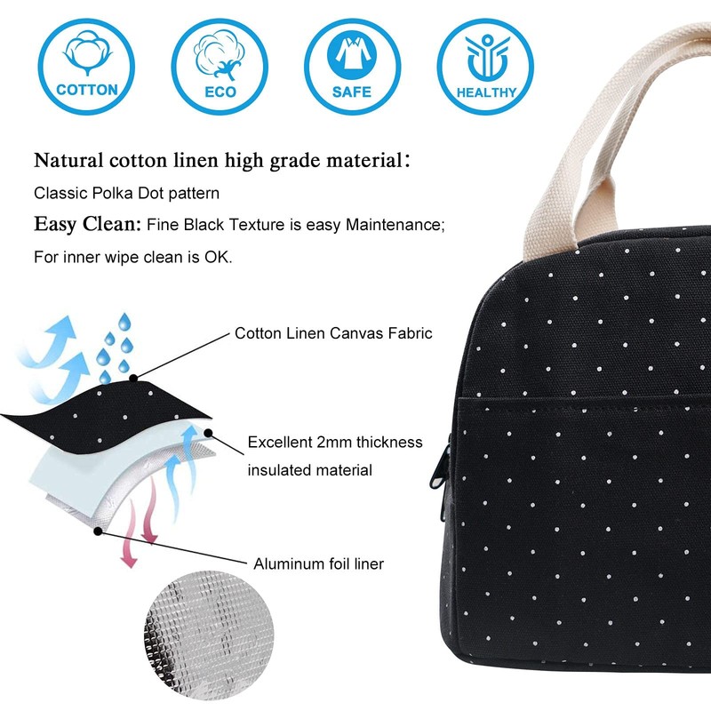 EurCross Upgraded Compact Black Lunch Bag for Girls Women,Canvas Reusable