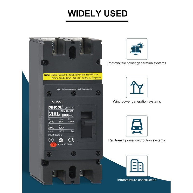 DIHOOL 200 Amp DC Circuit Breaker,2P 1000V 20kA Breaking Capacity