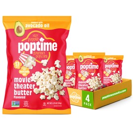 Poptime Movie Theater Butter Popcorn Snack Bags – Gourmet Flavored Popcorn Bags, Healthy Snack With Heart-Healthy Avocado Oil, Gluten Free, Vegan, Low Calorie, Non-GMO, Kosher - 4.75 oz - Pack 4