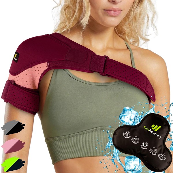 Sports Shoulder Bandage for Men & Women with Cooling Pads Gel Cold Heat Therapy - Support of Rotator Cuff - Neoprene Adjustable Shoulder Bandage Left & Right Arm (L/XL, Bordeaux)