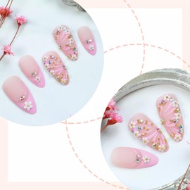 LPOODDNU 3D Handmade Press on Nails Almond Shape Pink Butterfly Fake Nails with Rhinestones and Flowers Designs Medium Acrylic French Tip Glue on Nails Elegant Artificial Nails for Women, 24Pcs