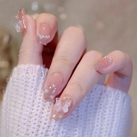 LISMYAKEY Nail Tip, Nail Sticker, 3D Nail Tip, Nail Art Patch, Nail Tip, Short, 24 Pieces, Handmade Nail Tip, False Nail, Wedding, Bride, Japanese Style, Glossy False Nail (Pink P-065, M)