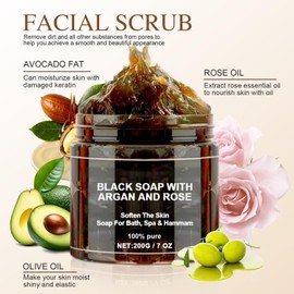 Morocco Black Soap With Argan And Rose, Exfoliating Soap Bar for Body & Face, Deep Cleansing & Nourishing with Exfoliating Glove