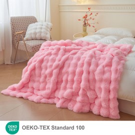 LIFEREVO Luxury Fluffy Faux Rabbit Fur Blanket, Plush Fuzzy Bubble Waffle Throw Couch Sofa, Cozy Comfy Furry Bed Blanket Home Decoration, Aesthetic Shaggy Throw for Bedroom Living Room, 60x90, Pink