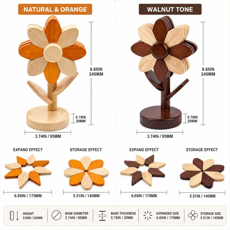 Sunflower Trivets for Hot Dishes, 5Pc Wooden Tree Trivet Stand