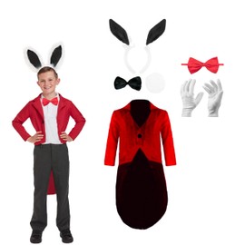 Lizzy Child Rabbit Costume (4-6 Years) 3pc Black Bunny Ear set, Tail Coat, Red Bow Tie Cotton Gloves Kids fancy dress costume accessory world book day Easter School Cosplay