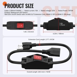 Joinfworld 2 Ft Outdoor Extension Cord With Switch - 14AWG 3 Prong, 15A 125V Waterproof Lighted Inline Switch for Electrical Equipment
