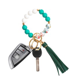 QFGasre 1 Pcs Silicone Bead Keychain Bracelet Car Keychain Holder Wristlet Bangle Chains with Leather Tassel for Women