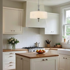 Cawabien 4-Light Drum Chandeliers, Drum Pendant Light Fixture Beige Linen Fabric Shade, Kitchen Chandeliers Over Table,Adjustable Hanging Light Fixture for Dining Room,Brushed Nickel