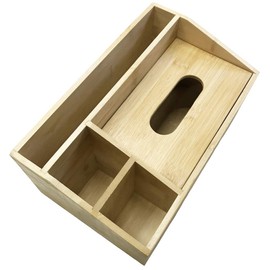 Natural Bamboo Wooden Multi-Function Tissue Box Holder - 4 Compartment Desk Organiser - Remote Control Holder Tissue Dispenser - Stationary Organiser and Condiment Caddy Organiser