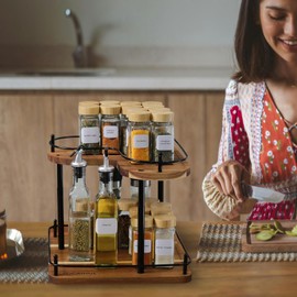 SAOCAIHUL Acacia Wooden Spice Rack Organizer Rotating Countertop 2 Tiered Display Shelf Kitchen Adjustable Height Spinning Spice Rack 11.8INCH Large Capacity