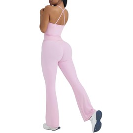 OMKAGI 2 Piece Workout Sets for Women Padded Tank Tops Flare Leggings Pilates Outfits(M,449-Pink)
