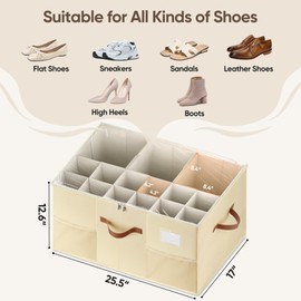 MSTONAL Shoe Organizer for Closet, 2 Pack Shoe Storage Containers with Adjustable Dividers, Space Saving Shoe Box Storage Organizers Bins with Clear Lid & 4 Handles, Fits 24-48 Pairs, Beige