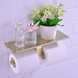 TRUSTMI Dual Roll Toilet Paper Holder with Phone Shelf, Utility 304 Stainless Steel Tissue Paper Dispenser, Rust-Proof, Brushed Gold