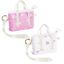 Playexen 2 Pack Coin Purse Keychain, Bow Mini Tote Bag Keychain with Wristlet & Buckle, Cute Makeup Pouch Bag Wallets Accessories for Handbag, Backpack (Beige+Pink)