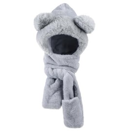 Kids Cartoon Hoodie Scarf Gloves Set 3 in 1 Winter Hat Cute Bear Fluffy Warm Earflap Full Hood Hat Long Scarf Pocket Gloves Thermal Beanie Hat Scarves Neck Warmer Costume Boys Girls 4-12 Years