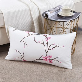 Home Soft Things Embroidery Canvas Pillow Covers Set of 2 Floral Decorative Lumbar Throw Pillowcase Living Room Bedroom, Cherry Blossom Pink, 14'' x 26''